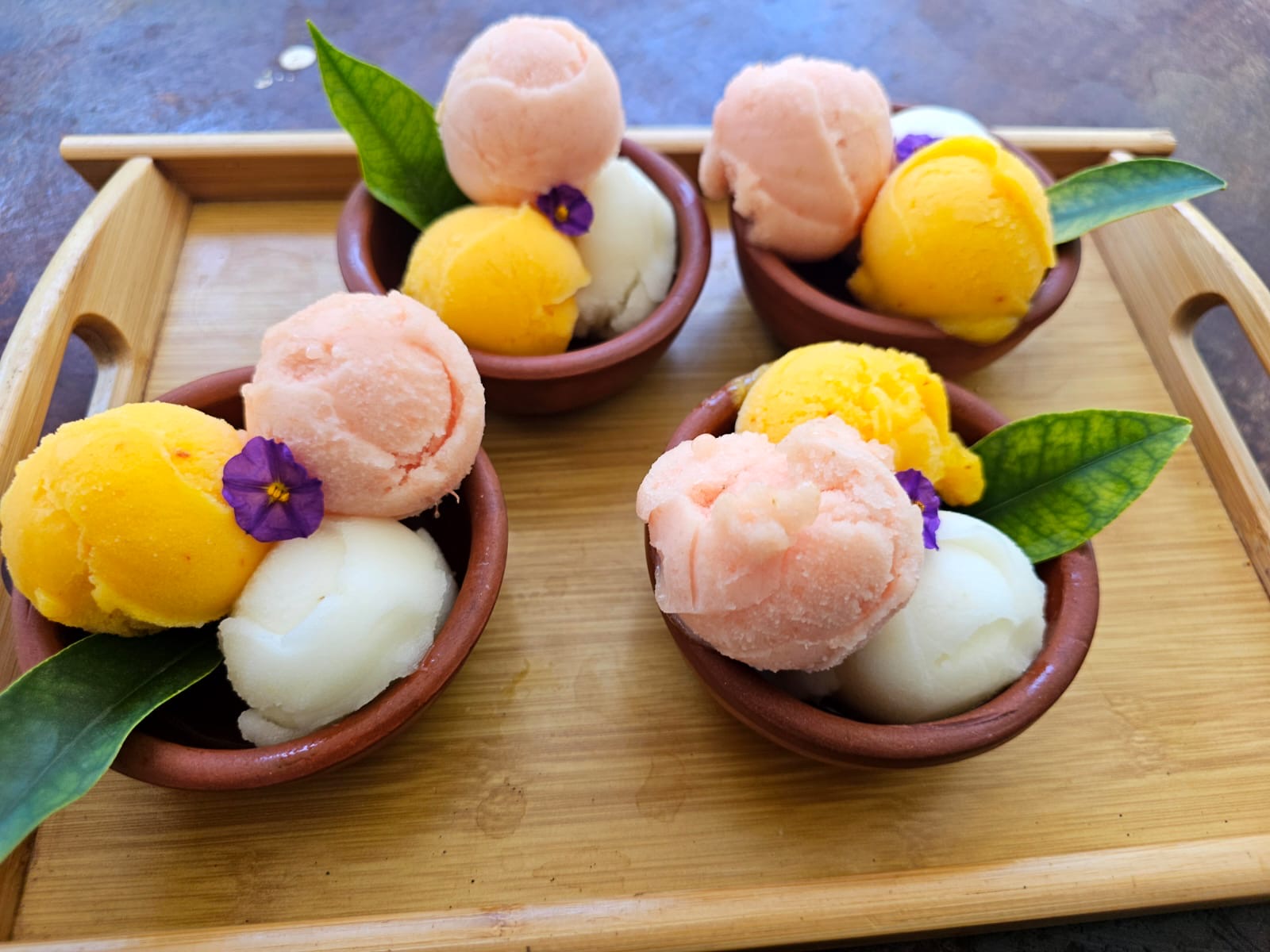 Fruit and flower desserts served at the farm